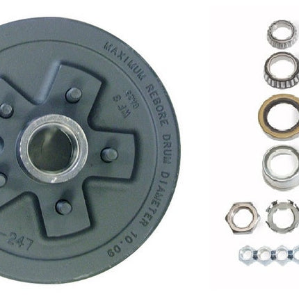 Dexter 7650030-03b hub & drum kit 3.5k - full greased - 5 on 4.5" bolt pattern. Uses l68149 inner and l44649 outer bearings