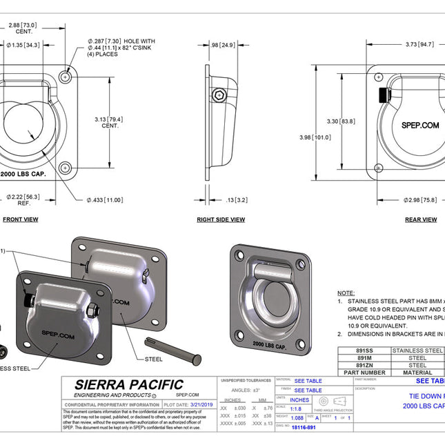 Recessed Tie Down, Stainless 2,000 lbs Capacity